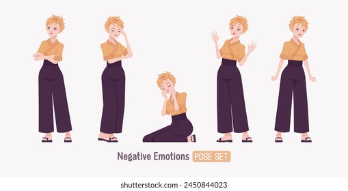 Attractive young woman wearing kimono set, negative bad emotion pose. Office girl, wrap blouse, high waist wide leg pants, sushi restaurant work wear Japanese style waiter overall. Vector illustration