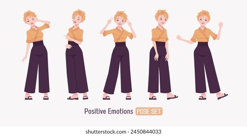 Attractive young woman wearing kimono set, happy joy emotion pose. Office girl in wrap blouse, high waist wide leg pants, sushi restaurant work wear, Japanese style waiter overall. Vector illustration