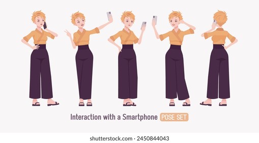 Attractive young woman wearing kimono set, smartphone user pose. Office girl in wrap blouse, high waist wide leg pants, sushi restaurant work wear, Japanese style waiter overall. Vector illustration