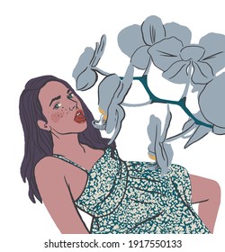 Attractive young woman wearing short dress with orchid. Portrait of Beautiful girl surrounded by flowers. Fashion concept. Isolated on a white background. Vector illustration.