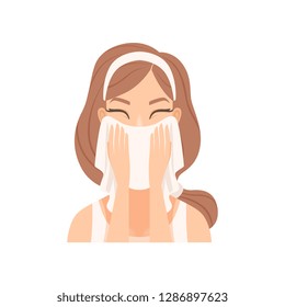 Attractive young woman wiping her face with a towel, girl caring for her face and skin, facial treatment procedure, vector Illustration