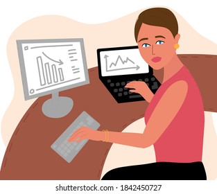 Attractive young woman working at desk with laptop and computer. Office employee at the workplace. Vector illustration in cartoon style