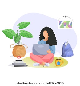 Attractive young woman working at home with laptop. Work at home concept. Vector illustration. Social network. Design for web, poster, banner, flyer.