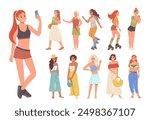 Attractive young women cartoon characters wearing trendy summer outfit enjoying fun time big set