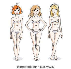 Attractive young women group standing in white underwear. Vector people illustrations set. Slim female with perfect body.