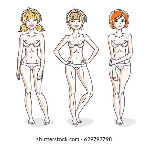 Attractive young women group standing in white underwear. Vector people illustrations set. Slim female with perfect body.