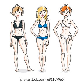 Attractive young women group standing wearing colorful bikini. Vector people illustrations set. Slim female with perfect body.