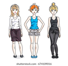 Attractive young women posing in stylish casual clothes. Vector diversity people illustrations set.
