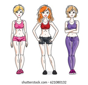 Attractive young women posing wearing stylish sport clothes, sportswoman and fitness people. Vector characters set. Lifestyle theme fem characters.