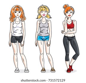 Attractive young women posing wearing stylish sport clothes, sportswoman and fitness people. Vector characters set.