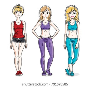 Attractive young women posing wearing stylish sport clothes, sportswoman and fitness people. Vector characters set.
