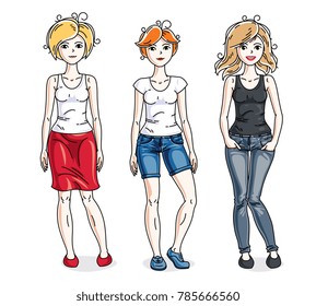 Attractive young women posing wearing casual clothes. Vector diversity people illustrations set.