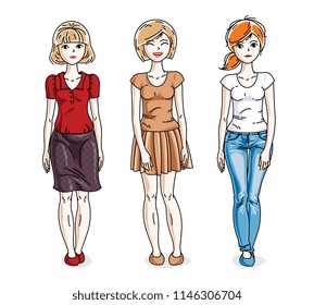 Attractive young women standing wearing casual clothes. Vector characters set. Fashion and lifestyle theme cartoons.