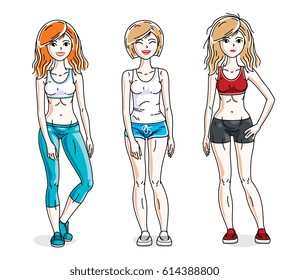 Attractive young women standing wearing stylish sport clothes. Vector people illustrations set.