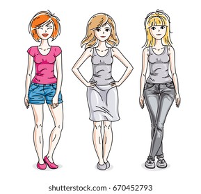 Attractive young women standing wearing casual clothes. Vector characters set.