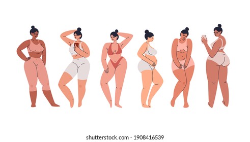 Attractive Young Women With A Voluminous Shaped Body. A Group Of Plus Size Women In Lingerie And Tracksuits Is Photographed And Pose. Vector Stock Illustration Isolated On White Background.