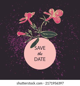 Attractively arranged bunch of flowers on black background with purple splatter. Drawn fuchsia flowers, artistic vector illustration. Floral botanical trendy pattern, graphic design. Pink green colors
