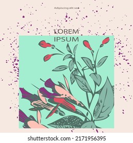 Attractively arranged bunch of pink flowers on cyan white bacground with purple splatter. Drawn fuchsia flowers, artistic vector illustration. Floral botanical trendy pattern, graphic design