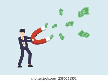 Attracts a lot of money, a person holds a magnet and attracts money, vector illustration.