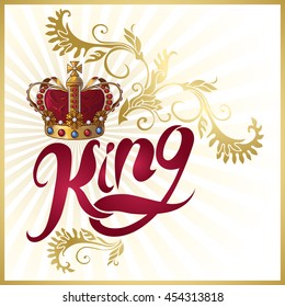 Attribute of king design with royal crown calligraphic title flourish golden ornament on white background vector illustration