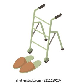 Attribute oldage icon isometric vector. Walkers for elderly and house slipper. Nursing home, rehabilitation concept