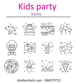 Attributes accessories drinks entertainment venue for children's holiday. Set of icons of kids party. Vector illustration.