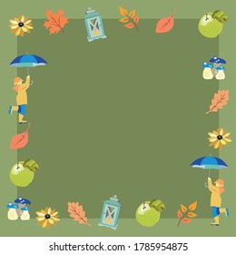 Attributes of autumn with apples , flowers and leaves.
