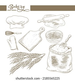 Attributes of a baker in sketch style. Cook's cap, rolling pin, whisk, bag of flour, potholder, dough, wheat ears