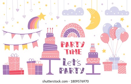 Attributes for a children's holiday. Clipart for invitations or postcards