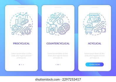 Attributes of economic indicators blue gradient onboarding mobile app screen. Walkthrough 3 steps graphic instructions with linear concepts. UI, UX, GUI template. Myriad Pro-Bold, Regular fonts used