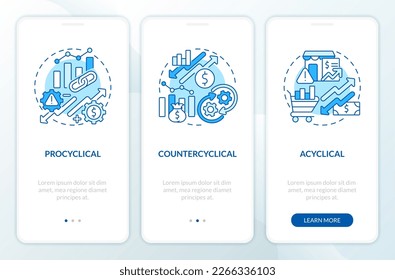 Attributes of economic indicators blue onboarding mobile app screen. Walkthrough 3 steps editable graphic instructions with linear concepts. UI, UX, GUI template. Myriad Pro-Bold, Regular fonts used