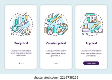 Atributos de indicadores económicos a bordo de la pantalla de aplicaciones móviles. Recorrido 3 pasos instrucciones gráficas editables con conceptos lineales. UI, UX, plantilla GUI. Multitud de tipos de letra Pro-Bold, con uso regular