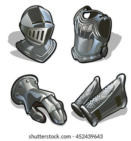 The attributes and elements of the protective suit of a medieval knight. Steel armor isolated on white background. Vector cartoon close-up illustration.