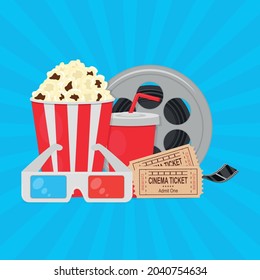 Attributes of the film industry. The concept of going to the cinema. Vector illustration