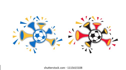 Attributes football fans. Vuvuzela trumpet football fan, ball. Element for packaging design, brochures, booklets, tags. Vector illustration