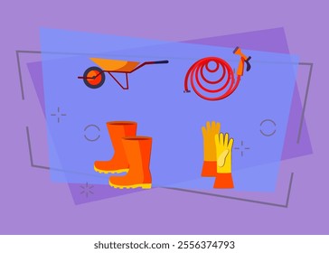 Attributes for garden work illustration set. Rubber gloves and boots, garden cart and hose.  Agriculture concept. Vector illustrations can be used for topics like gardening, farming