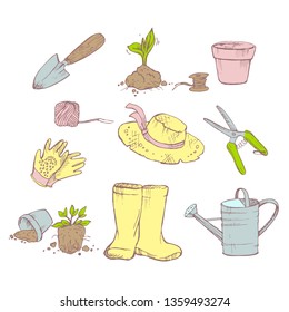 Attributes gardener. Garden, seedling pots, watering can, hat, spatula, gloves, garden shears.