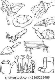 Attributes gardener. Garden, seedling pots, watering can, hat, spatula, gloves, garden shears - black and white, black line vector