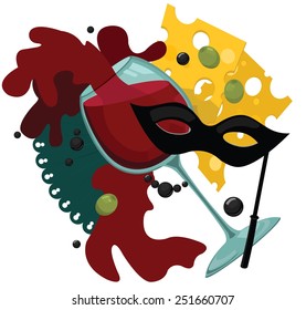 Attributes of glamorous carnival party: glass of wine, mask, fan, cheese, olives, glass beads