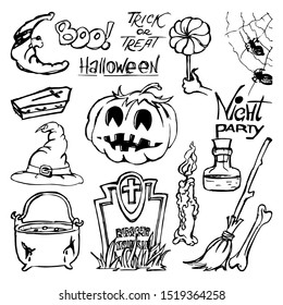 Attributes Halloween. A set of pictures with objects used for the holiday. Vector set