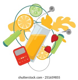 Attributes of healthy life style: glass of juice, fruits, sport and player full of good music