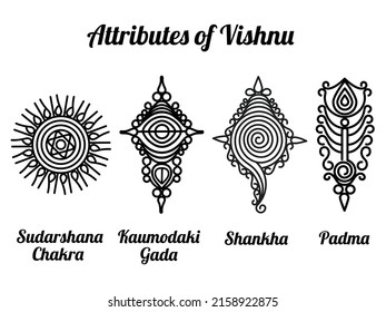Attributes of the Hindu God Vishnu: Shell, Mace, Disc and lotus.	
