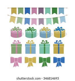 Attributes of the holiday. Bows, boxes with gifts, a garland of flags.