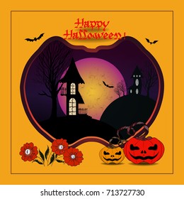 Attributes of the holiday - castles, pumpkins, bats, flowers, silhouettes of trees. Vector Image. Halloween. Use printed materials, signs, items, websites, maps, posters, postcards, packaging.