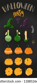 Attributes for holiday decor. Clipart for Halloween: pumpkins, poison in a bottle, spider on a web, witch hat, bow and inscription. Drawn by hand on dark background