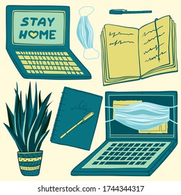 Attributes of home office. Remote work related icons with book, planner, pen, laptop medical mask, plant in the pot. Can use for backgrounds, infographics, hero images. Flat modern vector illustration