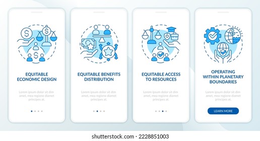 Attributes of inclusive growth blue onboarding mobile app screen. Walkthrough 4 steps editable graphic instructions with linear concepts. UI, UX, GUI template. Myriad Pro-Bold, Regular fonts used