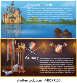 Attributes of knight compositions with medieval castle and heraldic signs on armour weapons shields isolated vector illustration   
