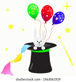 The attributes of a magician, a top hat, a hare, handkerchiefs, a magic wand. A holiday with balloons. Circus, magic tricks, a rabbit in a hat. Vector isolated on a white background.