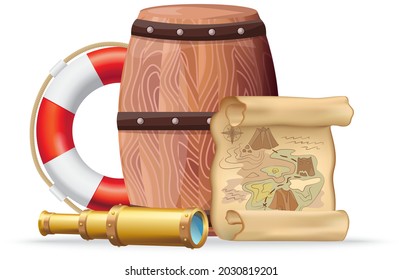 Attributes of marine theme vector set isolated on white barrel, lifebuoy, vintage map and steering wheel. Sea adventures and tourism objects theme. Marine cruise, ocean journey and sea travelling